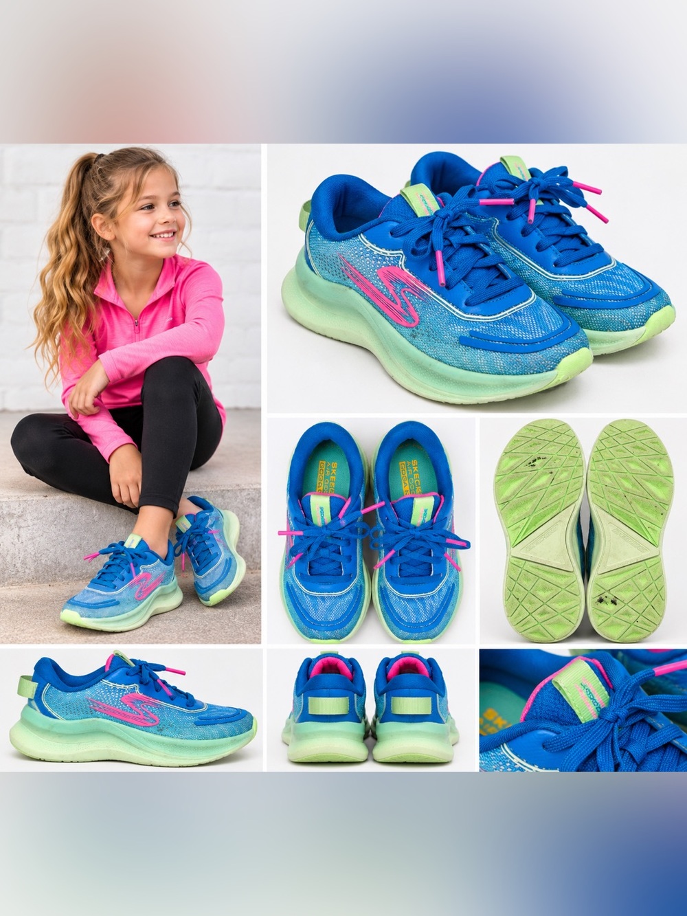 Skechers Kids Blue Sneakers with Lime Green Soles and Pink Accents
